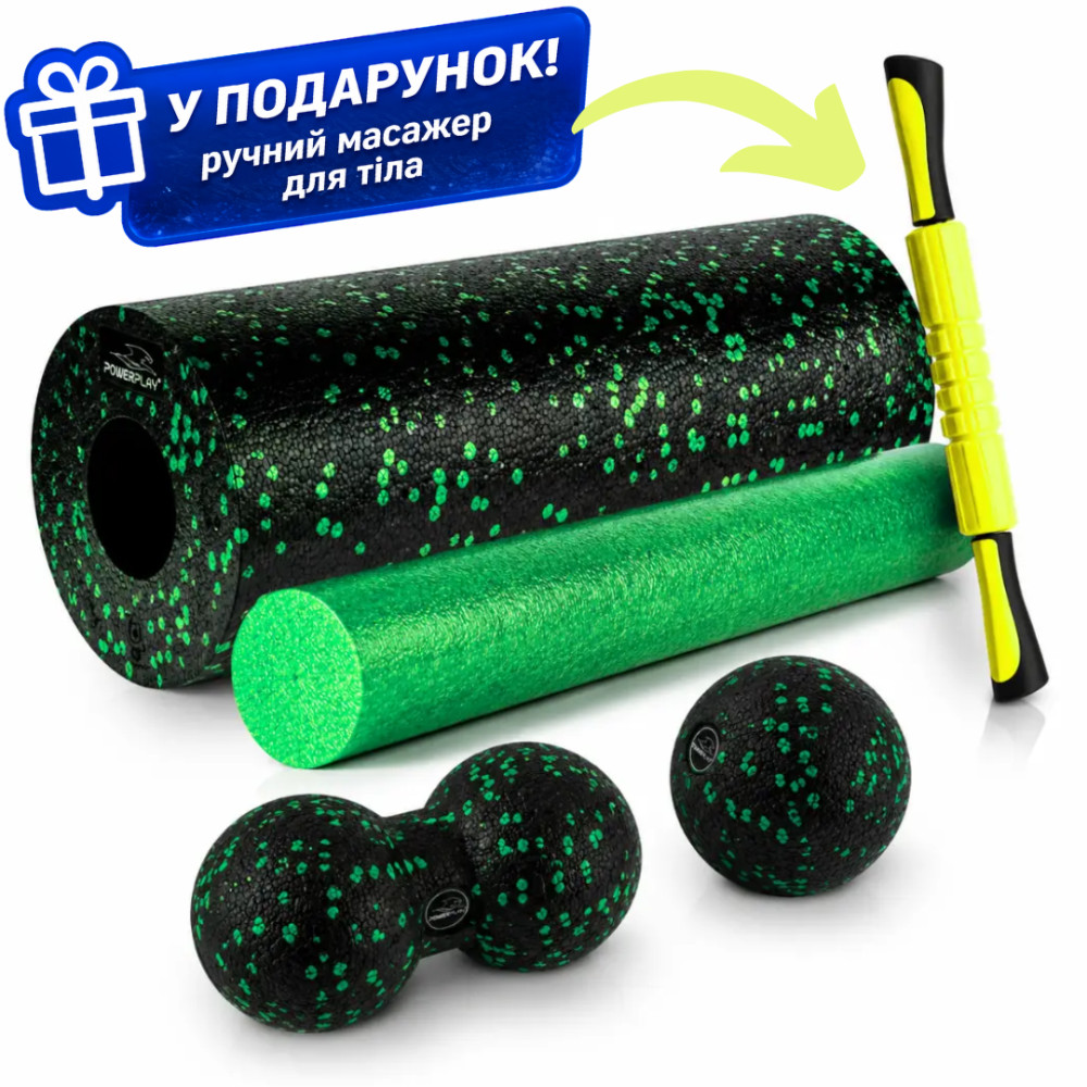Масажний набір PowerPlay PP_4015 EPP Foam Roller Set 4in1 (2-ва роли + 2-ва м'ячі) Чорно-зелений Масажний набір PowerPlay PP_4015 EPP Foam Roller Set 4in1 (2-ва роли + 2-ва м'ячі) Чорно-зелений